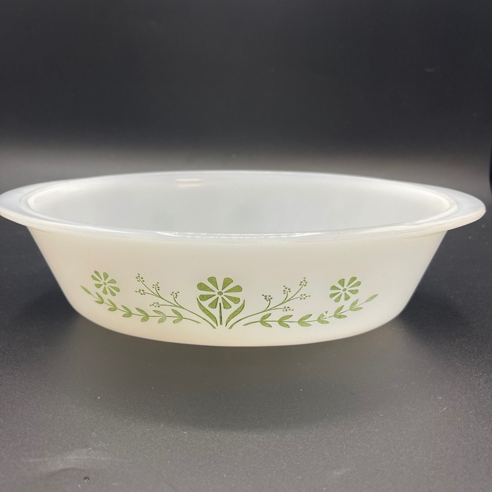 Vintage Glasbake Green Daisy Milk Glass Oval Baking Dish 1 QT J-235